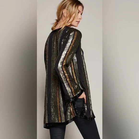 Free People Bianca Striped Sequin/Beaded Open Front Jacket,Size-Small - Picture 3 of 14